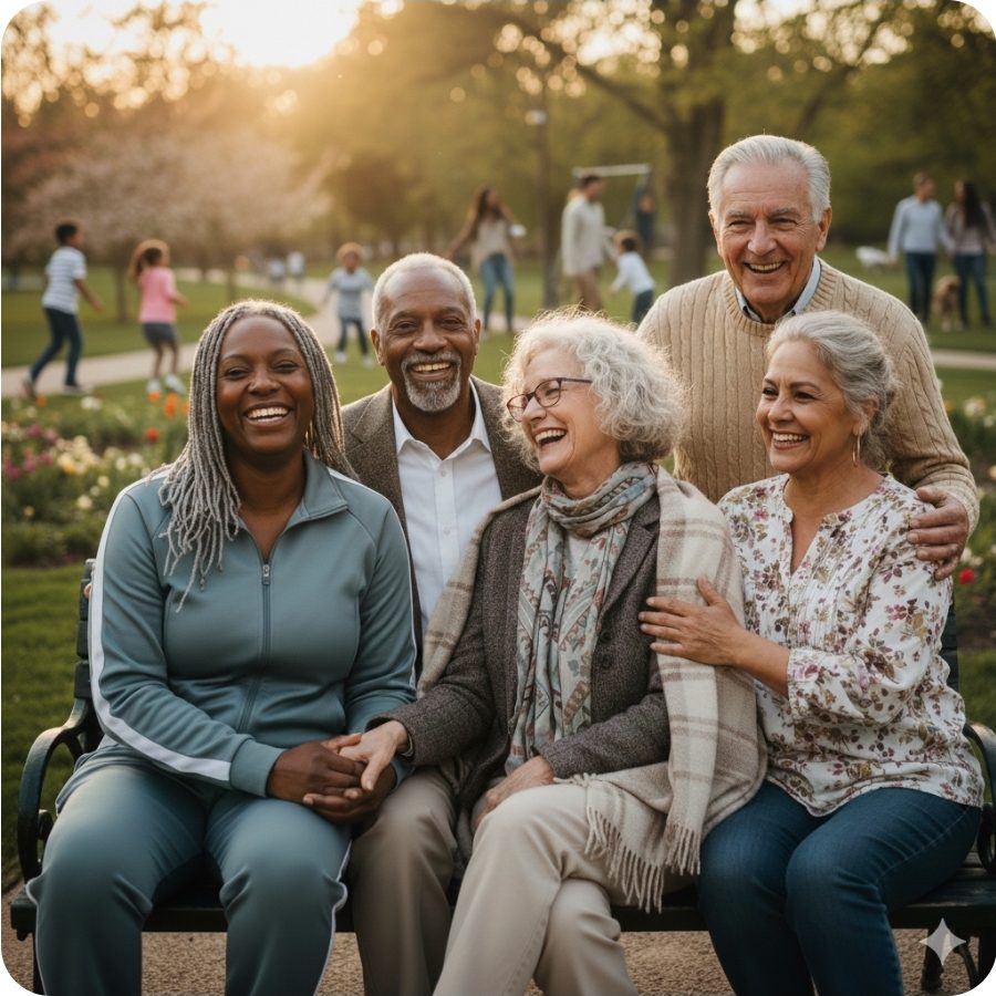 A group of joyful elderly friends sitting outdoors at sunset.