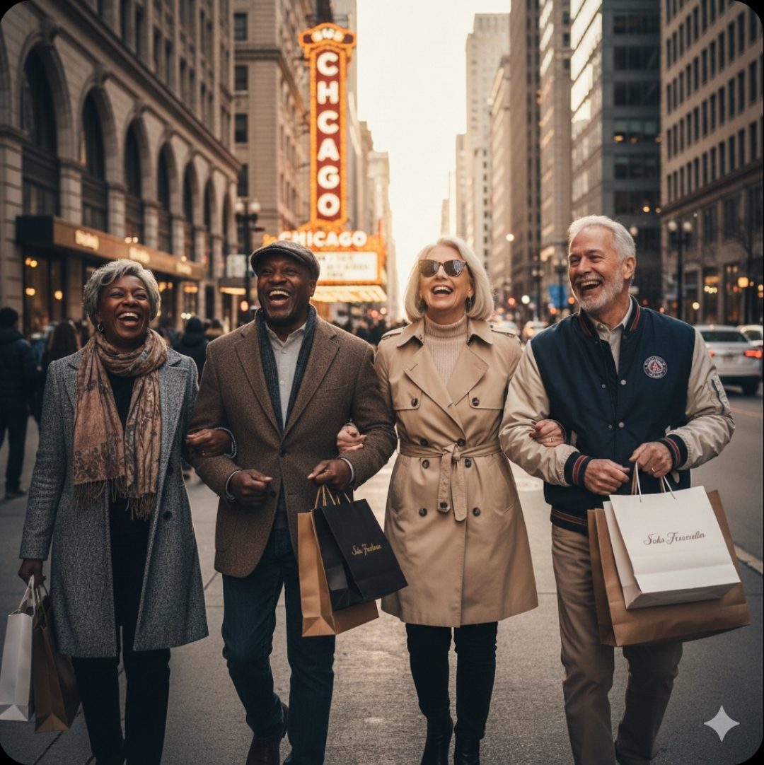 Four friends joyfully walking in a city street with shopping bags.