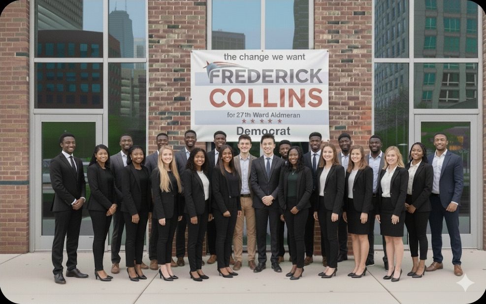 Group of professionals posing in front of a building with a Frederick Collins campaign banner.