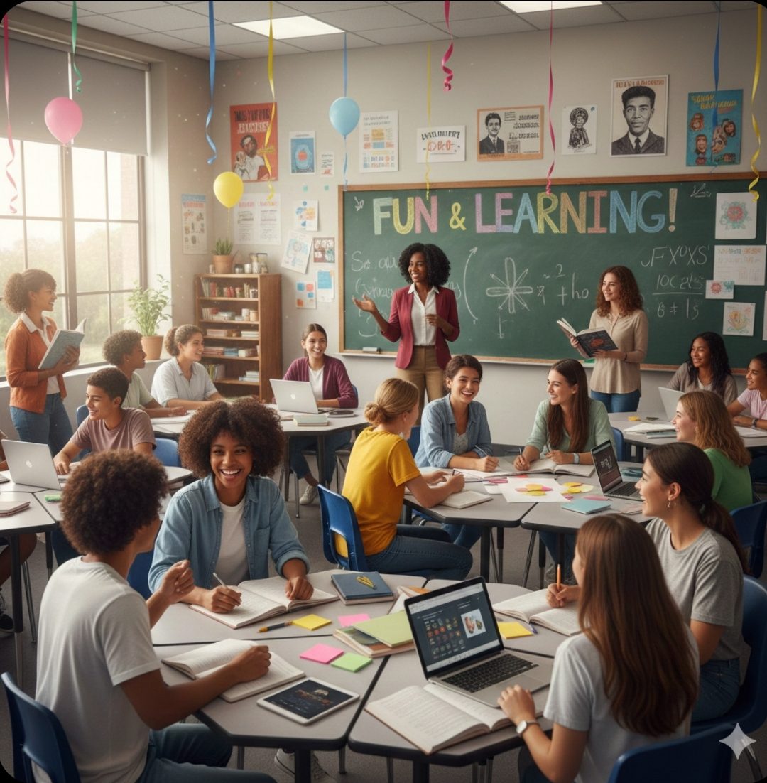 Teachers and students engaged in a lively classroom activity.