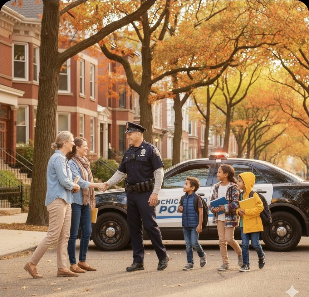 Police officer engaging warmly with children and adults on a fall city street.