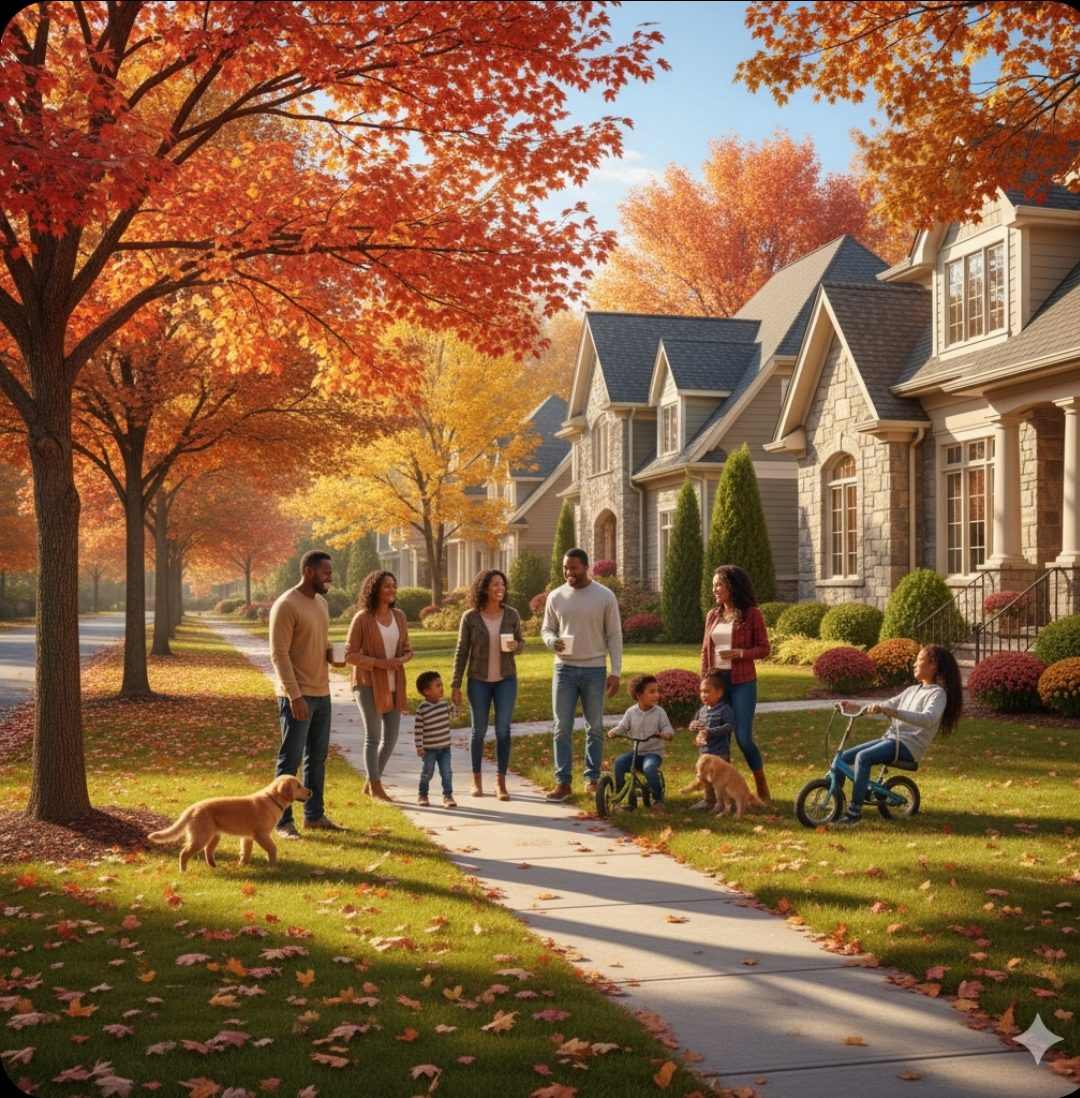 Families enjoy a sunny autumn day in a suburban neighborhood with colorful fall trees.