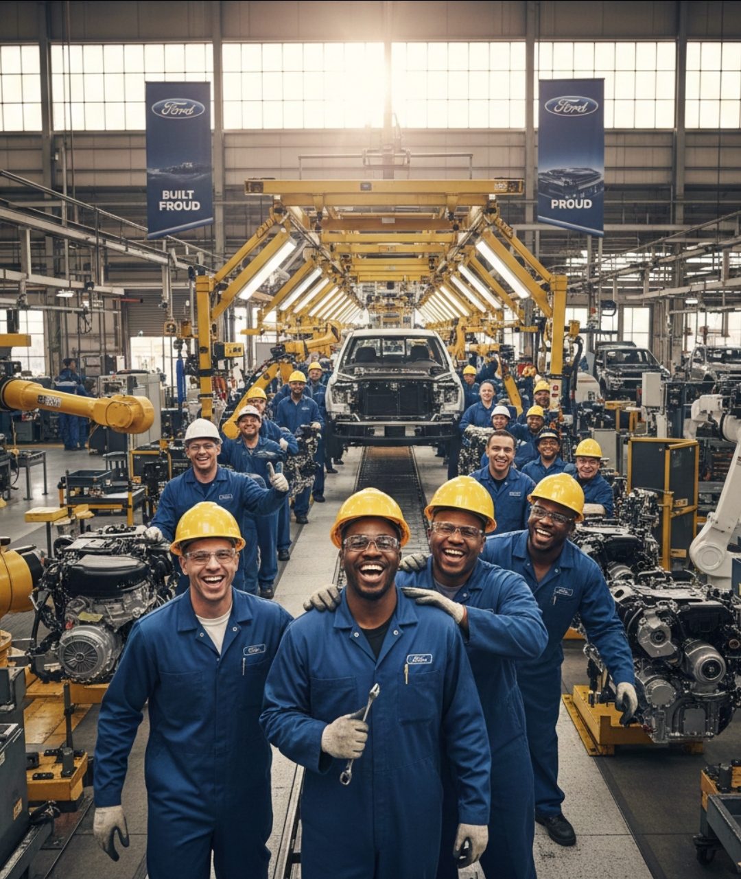 Workers in safety gear smile confidently in an automotive assembly line.