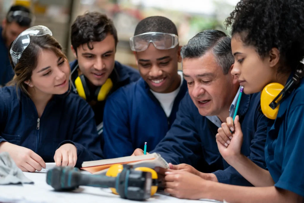 A diverse group engaged in a hands-on learning session.